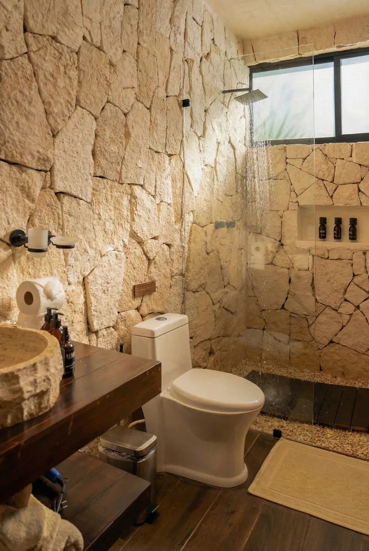 A Kaaba Luum en-suite bathroom with carved stone walls and a rainfall shower