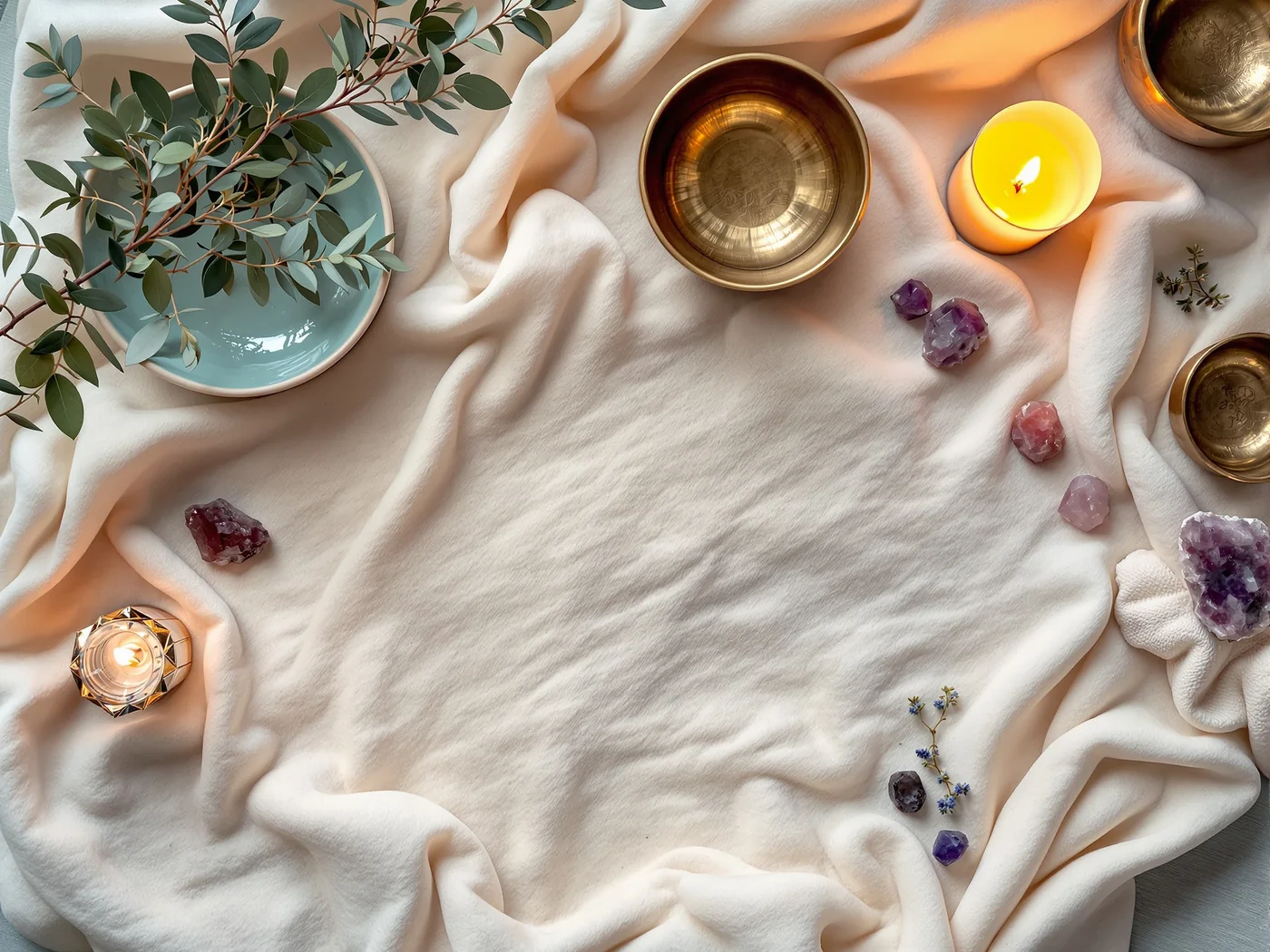 Crystal singing bowls arranged for a sound healing session
