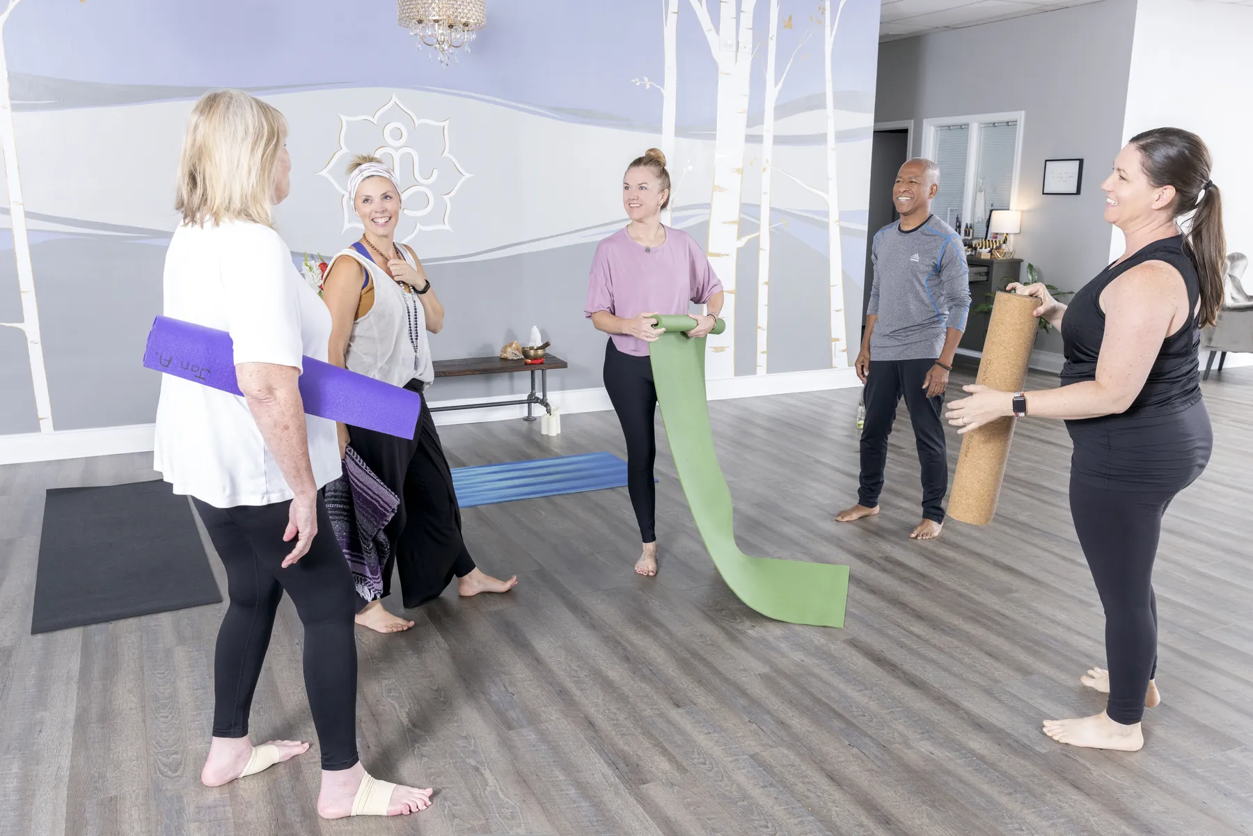 Students gathered with props at Serendipity Yoga in Homewood